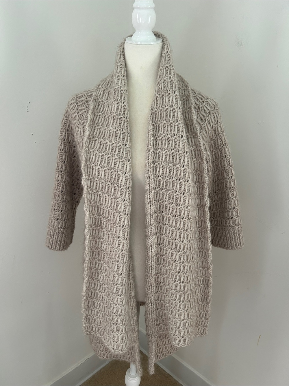 LOFT Open-Front Oatmeal Chunky Knit Long Wool Cardigan sz PS/S